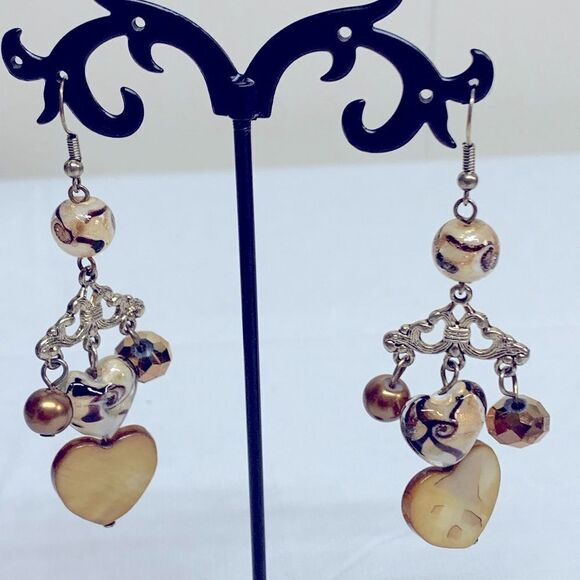 Vintage Earrings Gold/Brown Tone Mixed Media Mother of Pearl Aurora Borealis - Picture 1 of 6